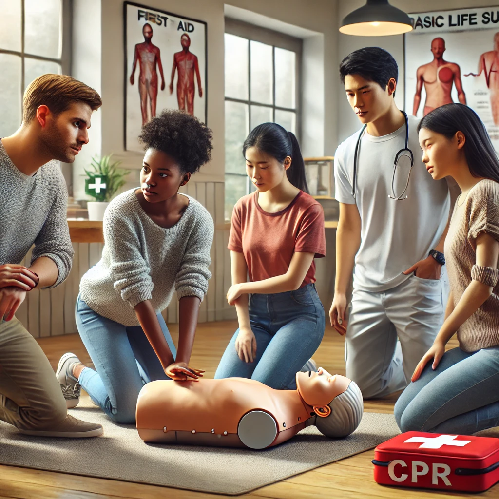 A diverse group of individuals participating in a CPR training session, practicing chest compressions on a mannequin. A medical instructor observes and guides them in a well-lit classroom with first aid posters on the walls. A red CPR emergency kit is placed nearby, emphasizing life-saving skills and basic life support training.