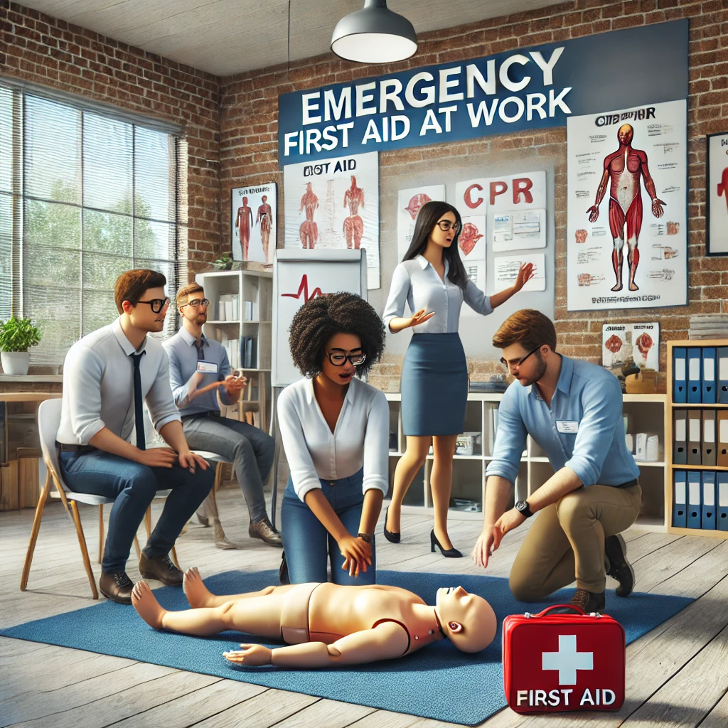 A group of professionals participating in an emergency first aid at work training session. A woman is demonstrating CPR on a mannequin while an instructor provides guidance. The classroom features posters on first aid, CPR techniques, and human anatomy, with a red first aid kit placed nearby, emphasizing workplace safety and medical preparedness.