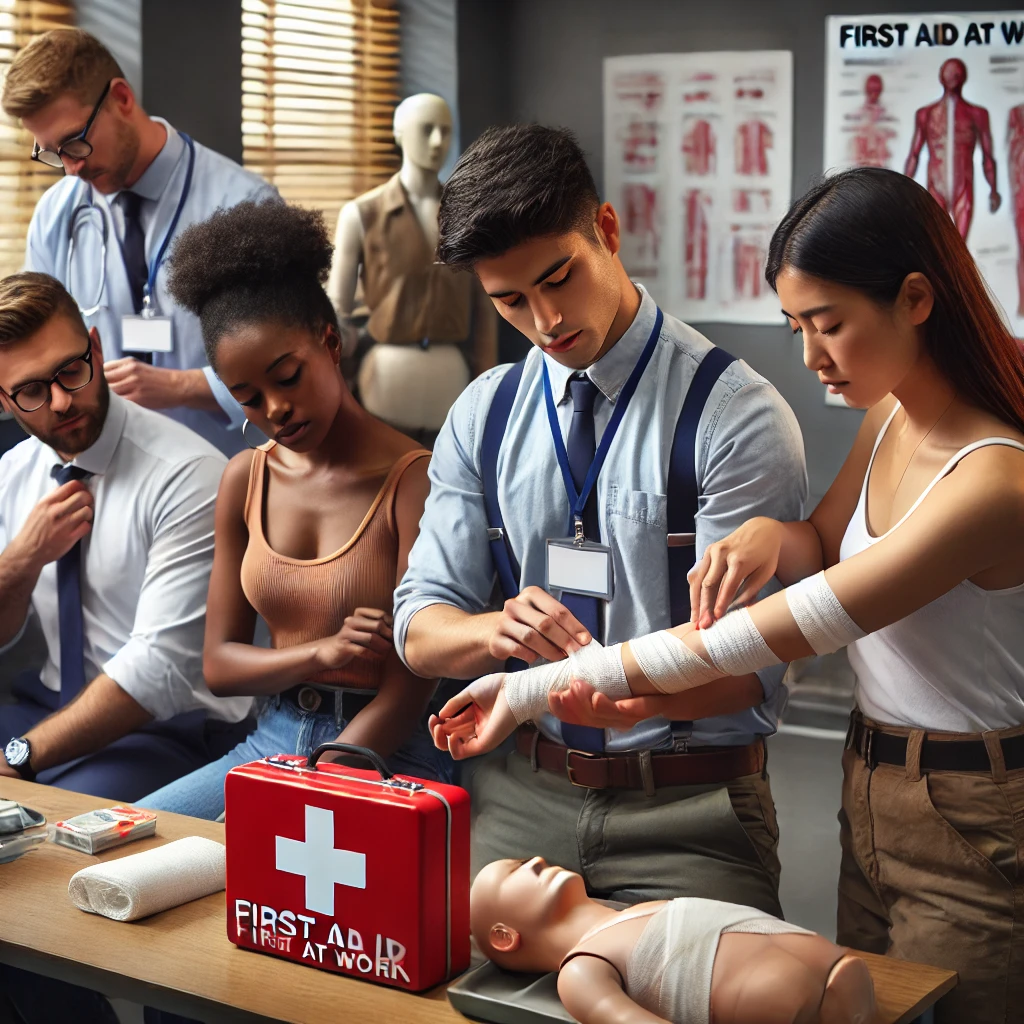 A group of trainees in a first aid training session practicing bandaging techniques. One participant wraps a bandage around another's arm while others observe and apply their skills. A red first aid kit and a CPR mannequin are on the table, with anatomy and first aid posters on the walls, emphasizing workplace medical preparedness.