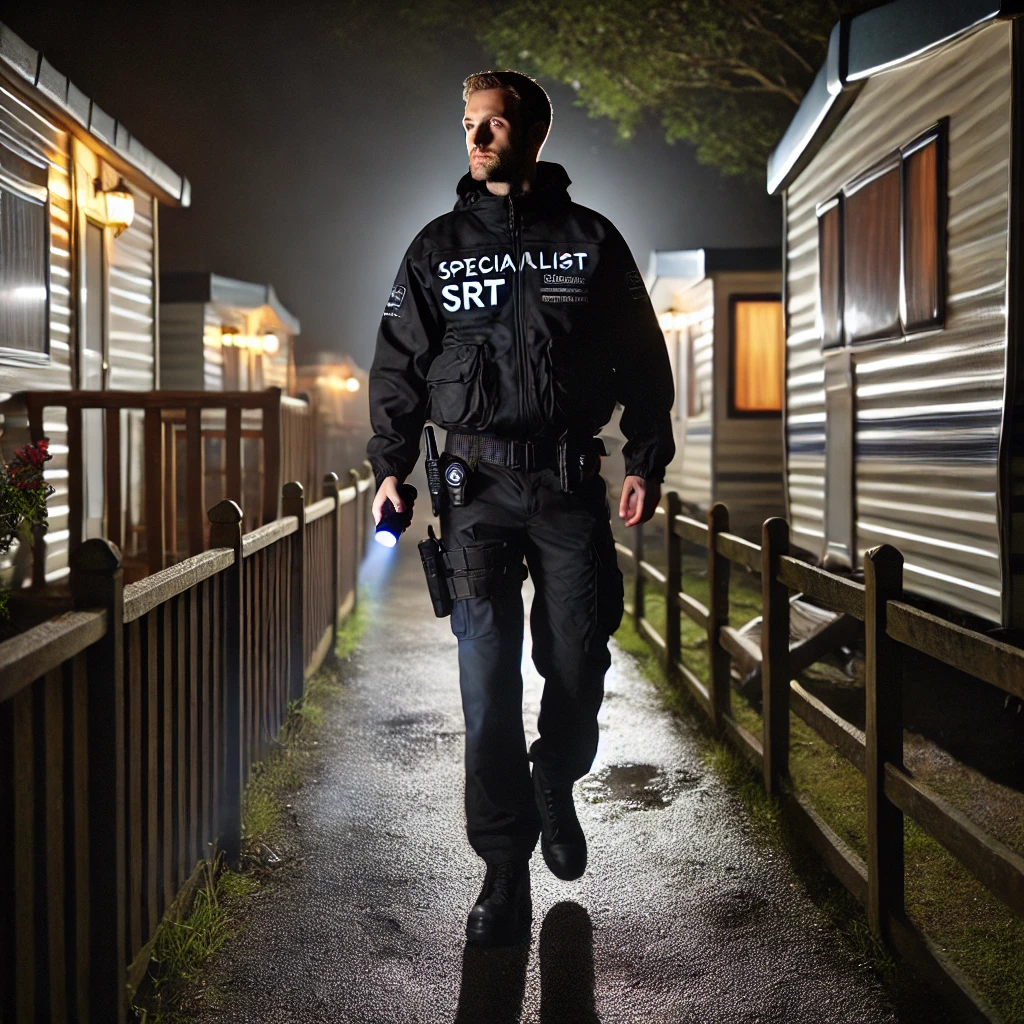 A Specialist SRT security officer patrolling a holiday park at night, dressed in black tactical gear and carrying a flashlight. The scene is dimly lit, with mobile homes on either side, emphasizing a vigilant presence for site security and nighttime safety.